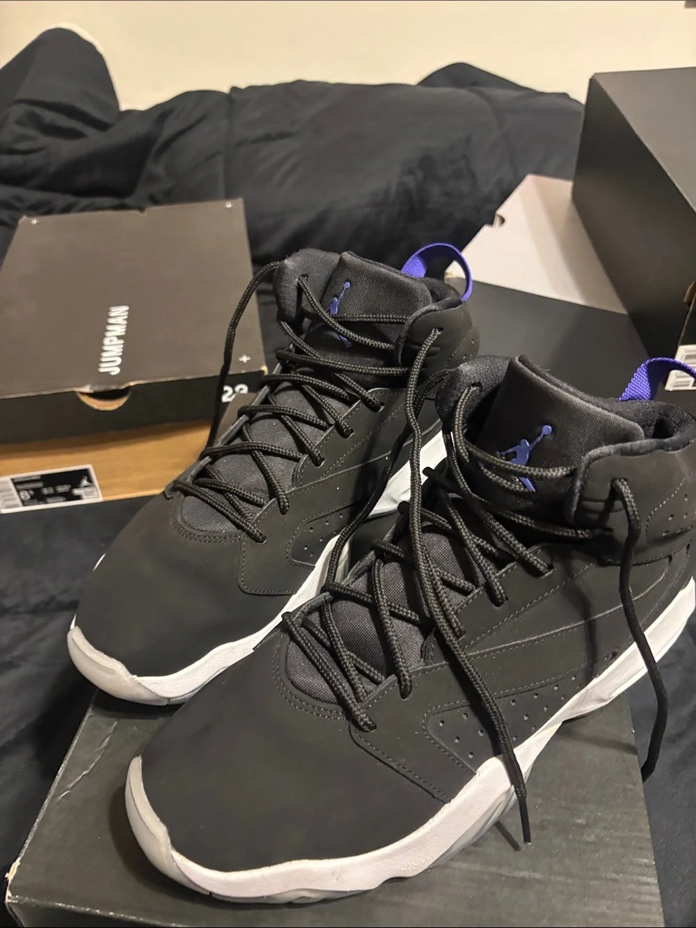 Jordan Black and White Sneakers with Purple Heel Pull